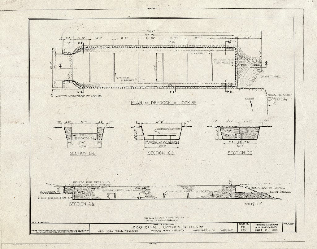Blueprint HABS MD,22-HARF.V,6- (Sheet 1 of 1) - Chesapeake & Ohio Canal, Dry Dock at Lock 35, 62.3 Miles Above Tidewater, Sharpsburg, Washington County, MD