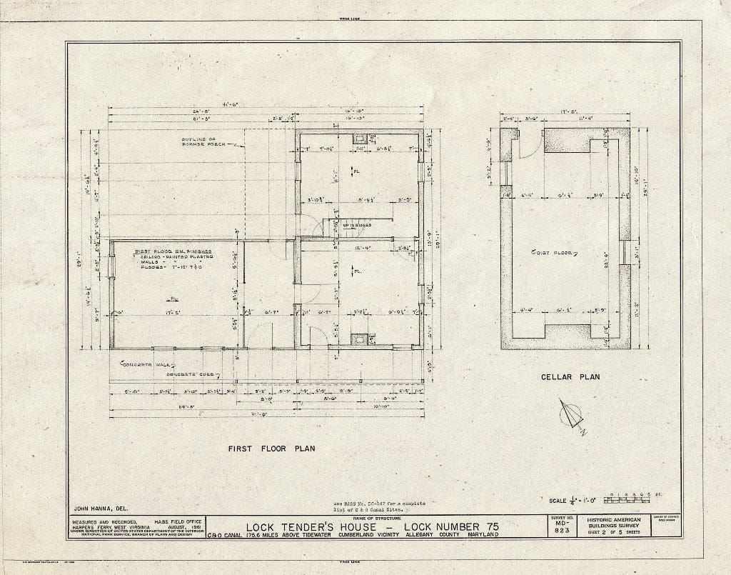 Blueprint HABS MD, 1-CUMB.V,4- (Sheet 2 of 5) - Chesapeake & Ohio Canal, Lock Tender's House at Lock 75, 175.6 Miles Above Tidewater, Cumberland, Allegany County, MD