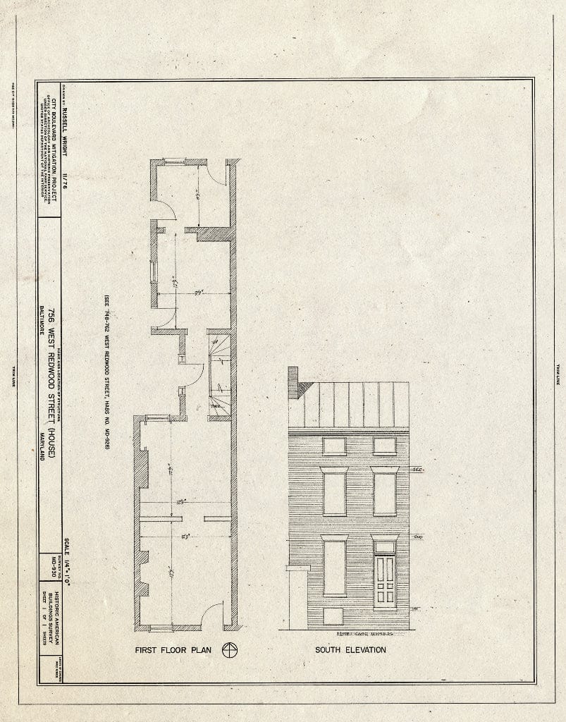 Blueprint HABS MD,4-BALT,163- (Sheet 1 of 1) - 756 West Redwood Street (House), Baltimore, Independent City, MD