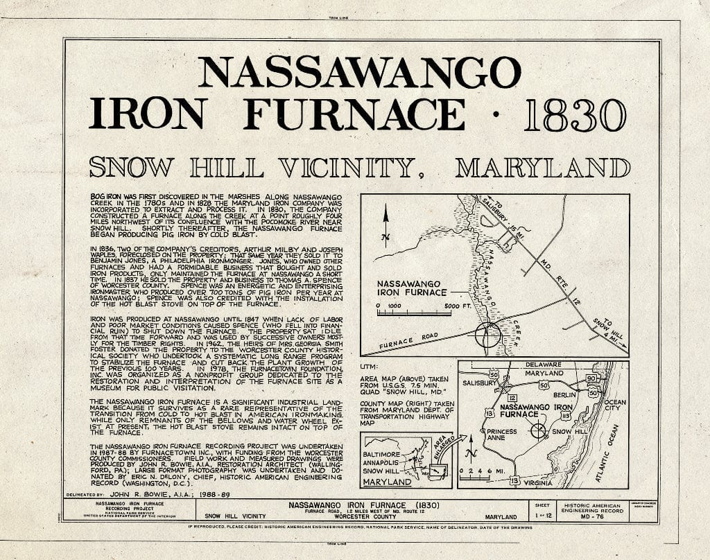 Blueprint HAER MD,24-SNOHI.V,2- (Sheet 1 of 12) - Nassawango Iron Furnace, Furnace Road, 1.2 Miles west of Maryland Route 12, Snow Hill, Worcester County, MD