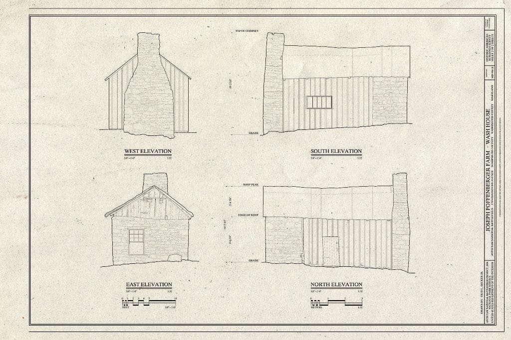 Blueprint elevations (North, South, East, west) - Joseph Poffenberger Farm, Wash House, 17834 Mansfield Avenue, Sharpsburg, Washington County, MD
