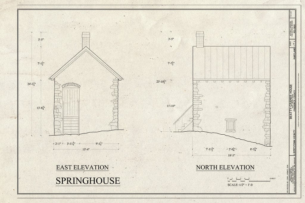 Blueprint Springhouse, East Elevation - Beatty-Cramer House, 9010 Liberty Road, Libertytown, Frederick County, MD