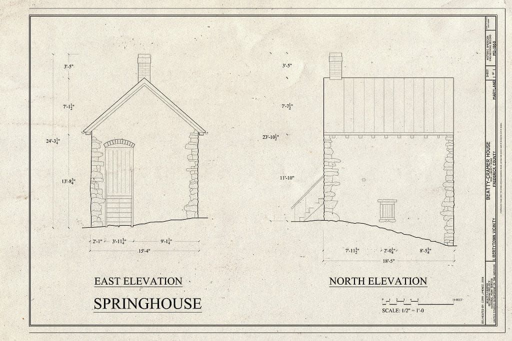 Blueprint Springhouse, East Elevation - Beatty-Cramer House, 9010 Liberty Road, Libertytown, Frederick County, MD
