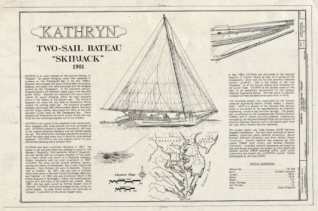 Blueprint HAER MD,21-TILG.V,1- (Sheet 1 of 8) - Kathryn-Two-sail Bateau Skipjack, Dogwood Harbor, Chesapeake Bay, Tilghman, Talbot County, MD