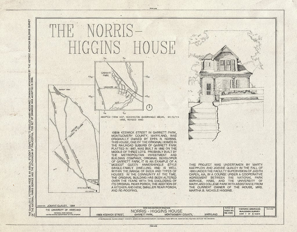 Blueprint HABS MD,16-GARPK,4- (Sheet 1 of 8) - Norris-Higgins House, 10806 Keswick Street, Garrett Park, Montgomery County, MD