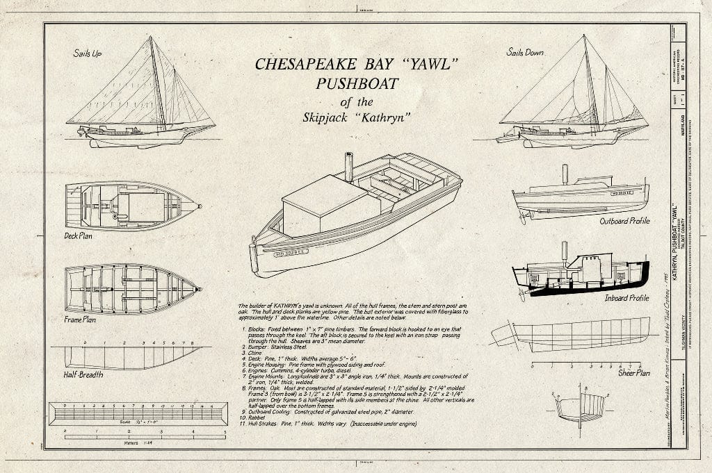 Blueprint HAER MD,21-TILG.V,1A- (Sheet 1 of 1) - Kathryn, Pushboat Yawl, Dogwood Harbor, Chesapeake Bay, Tilghman, Talbot County, MD