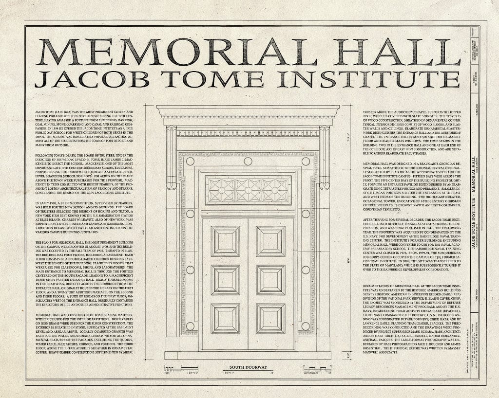 Blueprint HABS MD,8-PODEP.V,1A- (Sheet 1 of 10) - Jacob Tome Institute, Memorial Hall, Tome Road, Port Deposit, Cecil County, MD