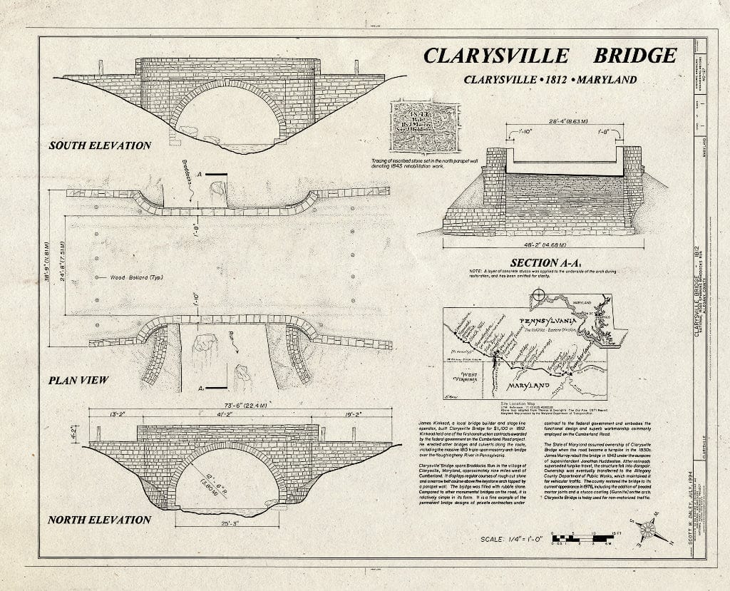 Blueprint South Elevation, Plan View, North Elevation, Section A-A - Clarysville Bridge, Spanning Braddocks Run at National Road (U.S. Route 40), Clarysville, Allegany County, MD