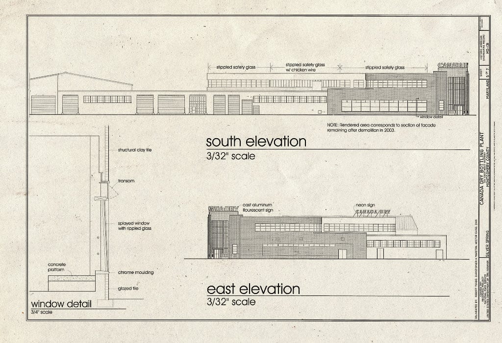 Blueprint South Elevation, East Elevation, Window Detail - Canada Dry Bottling Plant, 1201 East-West Highway, Silver Spring, Montgomery County, MD