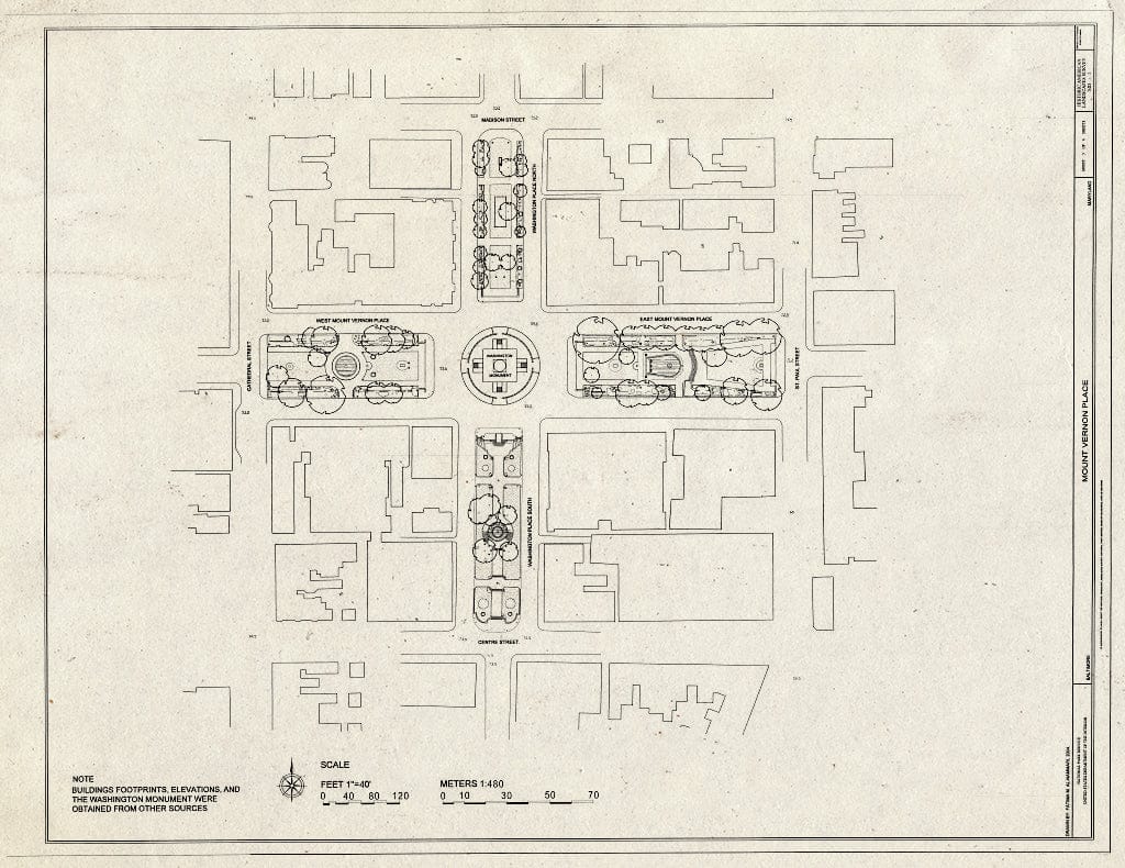 Blueprint Site Plan Showing The Four Parks in Context - Mount Vernon Place, Charles & Monument Streets, Baltimore, Independent City, MD
