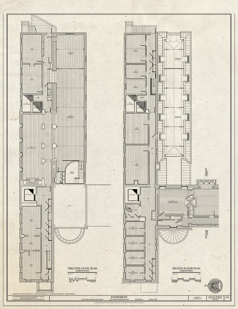 Blueprint Theater Level and Second Floor Plans North Wing - Evergreen, 4545 North Charles Street, Baltimore, Independent City, MD