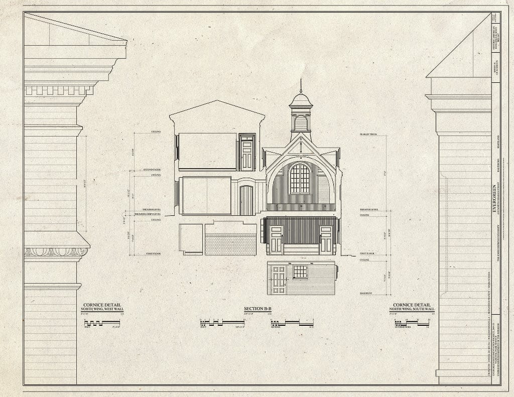 Blueprint Section and Cornice Details - Evergreen, 4545 North Charles Street, Baltimore, Independent City, MD