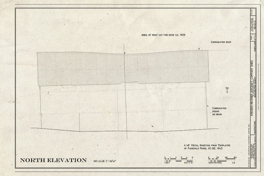 Blueprint North Elevation - Kreider-Reisner Aircraft Company, Shed, 851 Pennsylvania Avenue, Hagerstown, Washington County, MD