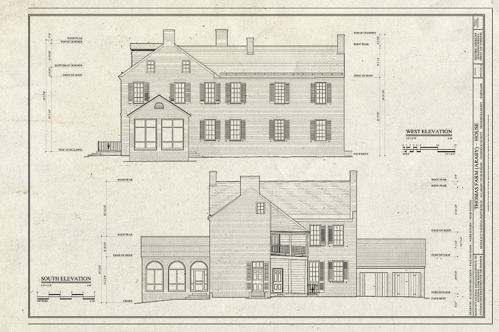 Blueprint West and South Elevations - Thomas Farm, House, 4632 Araby Church Road, Frederick, Frederick County, MD