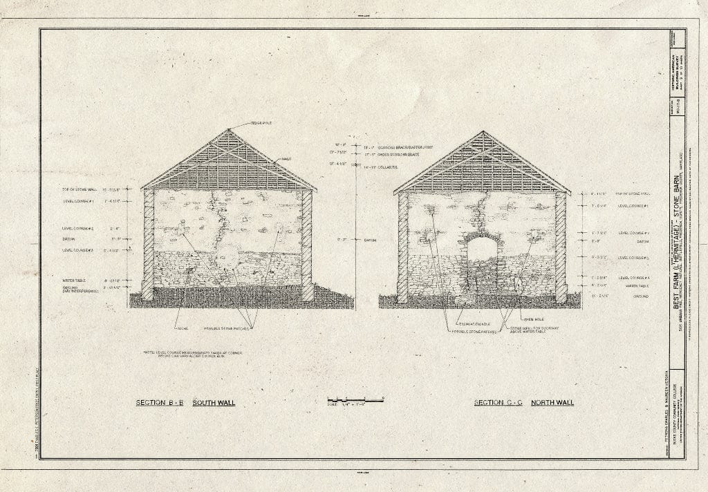 Blueprint Section B-B, South Wall & Section C-C, North Wall - Best Farm, Barn, 4871 Urbana Pike, Frederick, Frederick County, MD