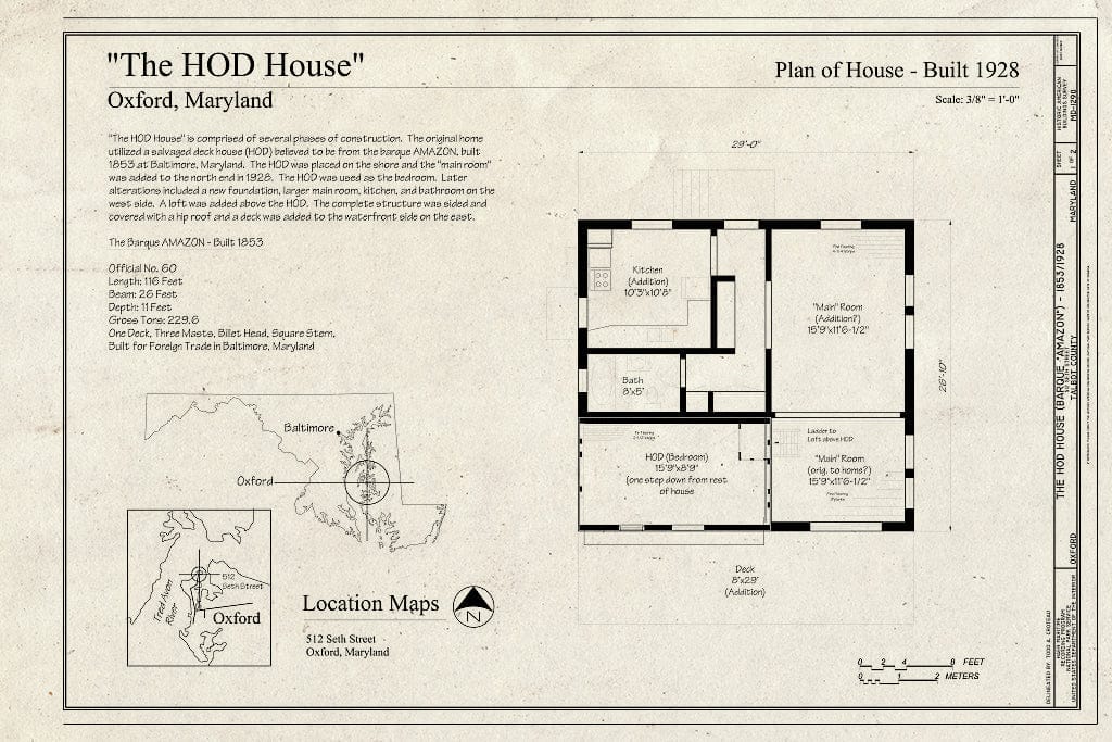 Blueprint Plan of House - The HOD House, 512 Seth Street, Oxford, Talbot County, MD