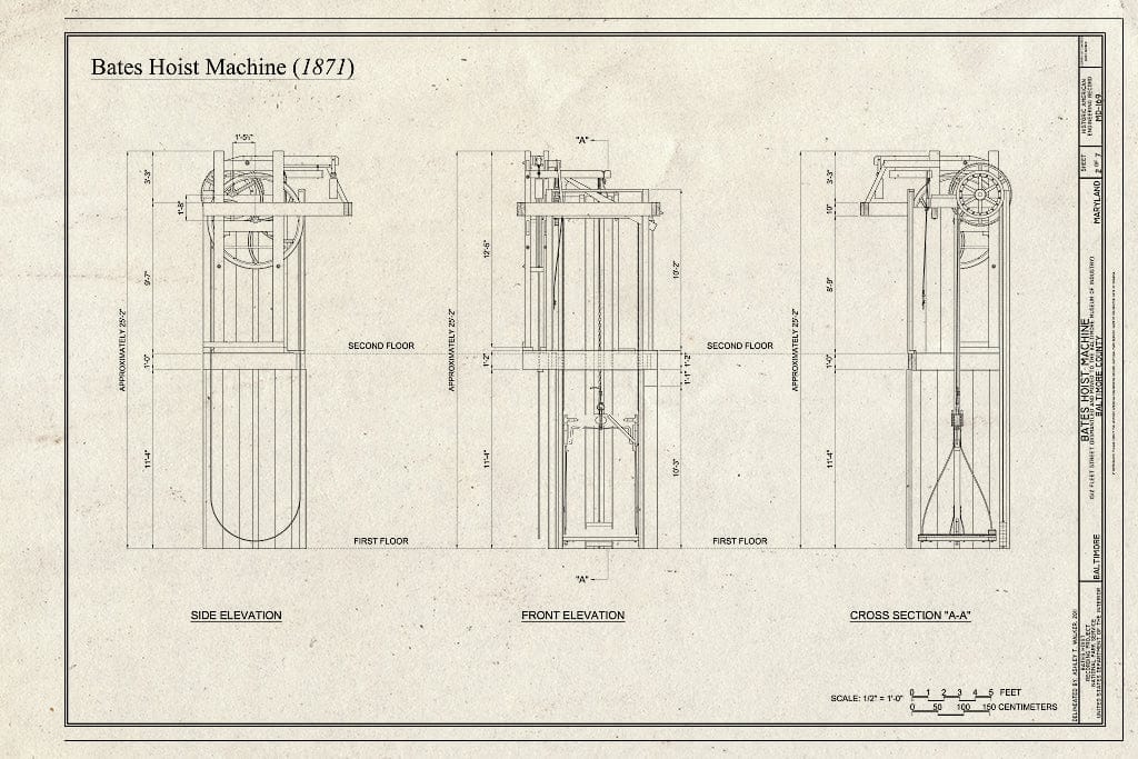 Blueprint Side Elevation, Front Elevation, Cross Section A-A - Bates Hoist Machine, 1512 Fleet Street, Baltimore, Independent City, MD