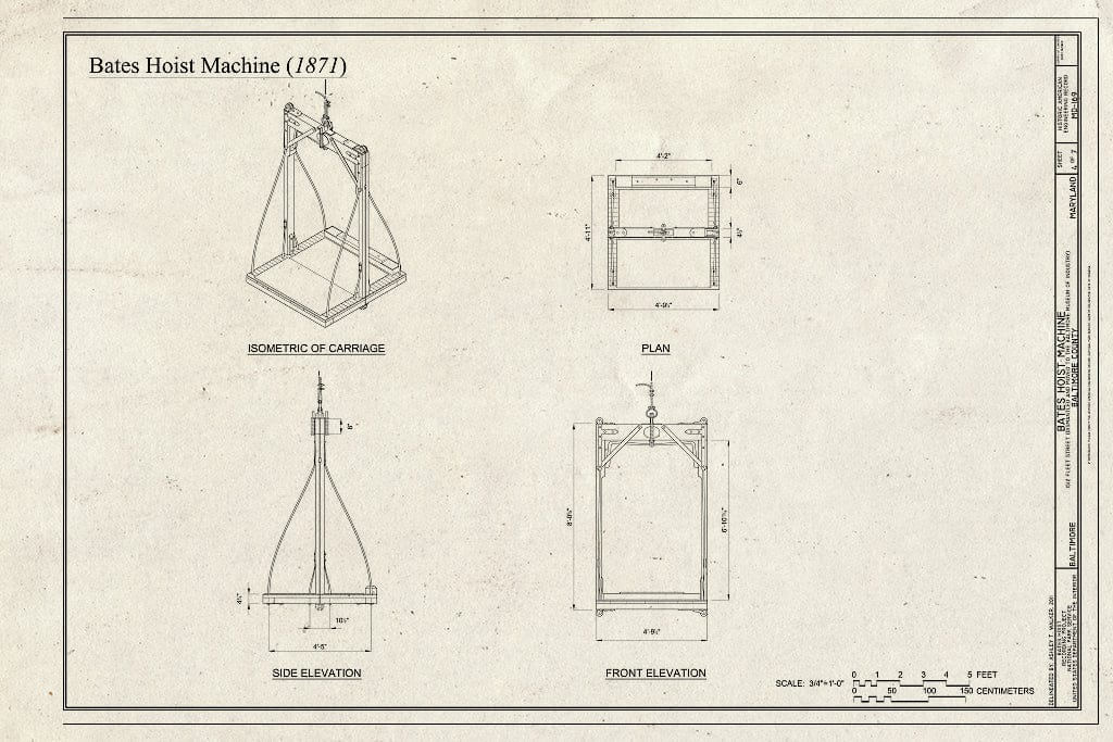 Blueprint Isometric of Carriage, Plan, Side Elevation, Front Elevation - Bates Hoist Machine, 1512 Fleet Street, Baltimore, Independent City, MD