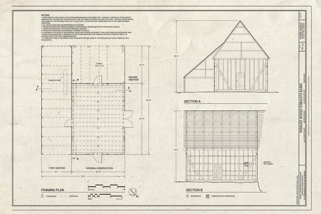 Blueprint Sections & Framing Plan - Wesley Jones Tobacco Barn, 3100 Zack146;s Place, Huntingtown, Calvert County, MD