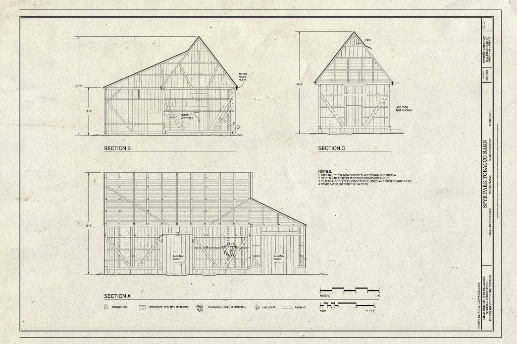 Blueprint Sections - Spye Park Tobacco Barn, 10199 Griffiths Lane, White Plains, Charles County, MD