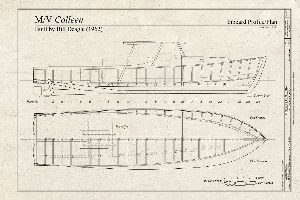 Blueprint Inboard Profile/Plan - M/V Colleen, Tall Timbers, St. Mary's County, MD
