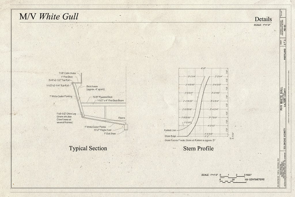 Blueprint Details: Typical Section, Stem Profile - M/V White Gull, Patuxent River, Solomons, Calvert County, MD