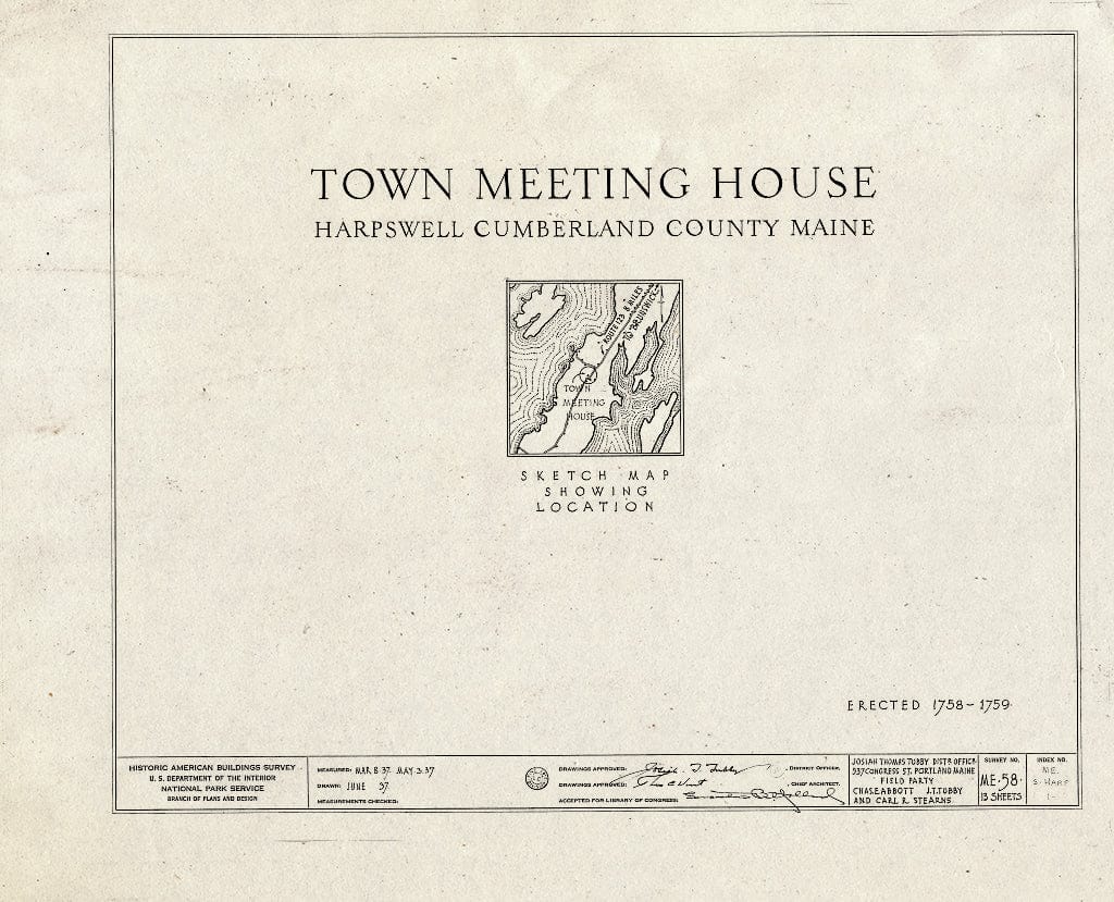 Blueprint HABS ME,3-HARP,1- (Sheet 0 of 13) - Old Town & Meeting House, State Route 123, South Harpswell, Cumberland County, ME