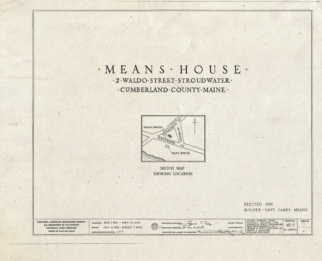 Blueprint HABS ME,3-STROWA,2- (Sheet 0 of 13) - Means House, 2 Waldo Street, Stroudwater, Cumberland County, ME