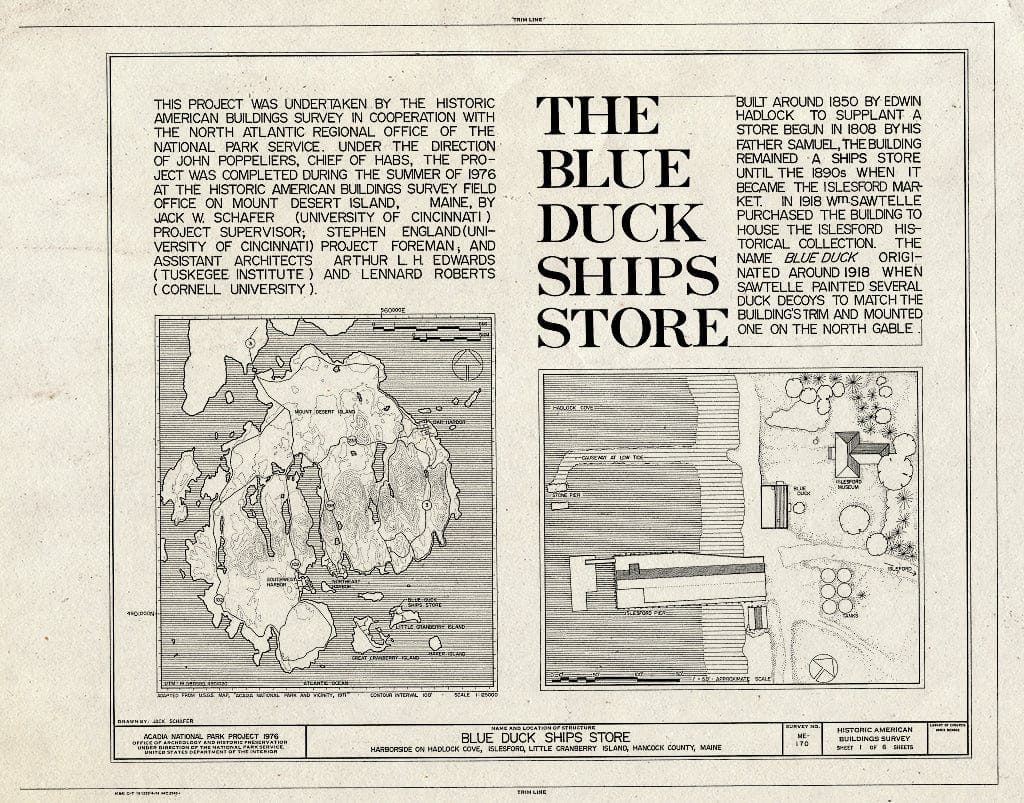 Blueprint HABS ME,5-LICRIS,1- (Sheet 1 of 6) - Blue Duck Ships Store, Harborside on Hadlock Cove, Isleford, Isleford, Warren County, TN
