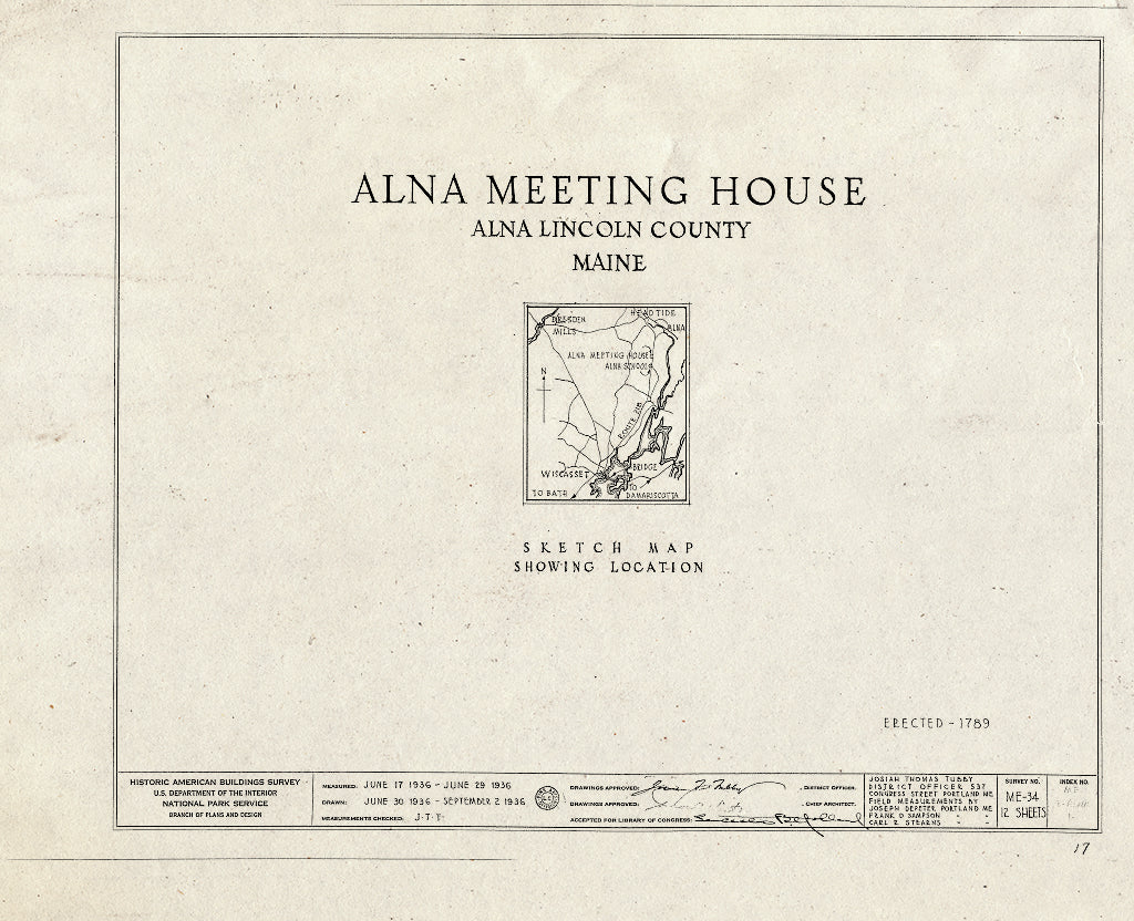 Blueprint HABS ME,8-ALNA,1- (Sheet 0 of 12) - Alna Meeting House, State Route 218, Alna, Lincoln County, ME