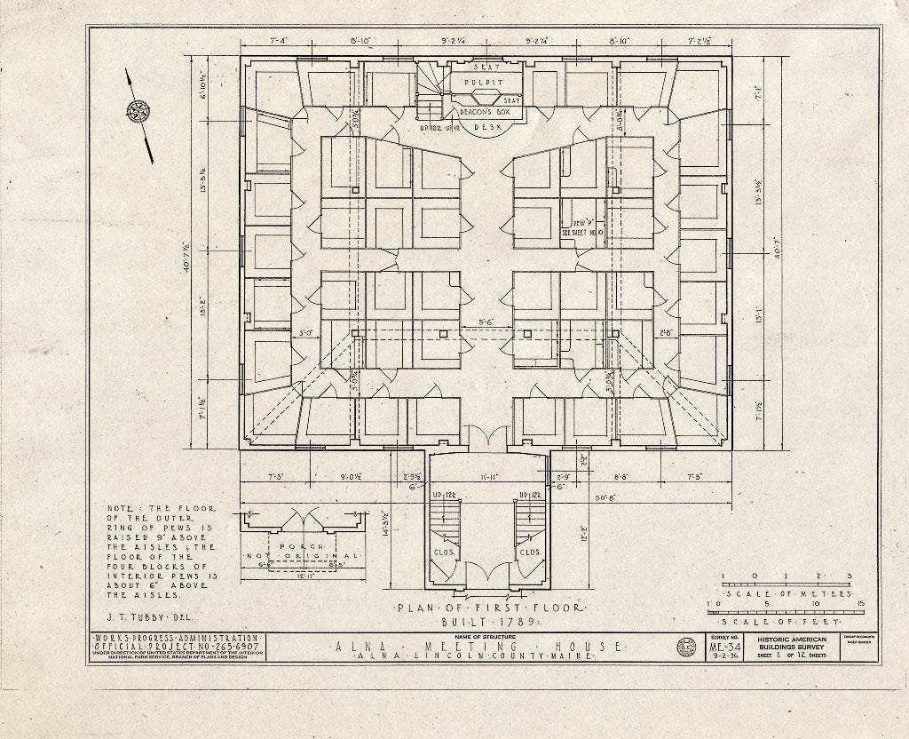 Blueprint HABS ME,8-ALNA,1- (Sheet 1 of 12) - Alna Meeting House, State Route 218, Alna, Lincoln County, ME