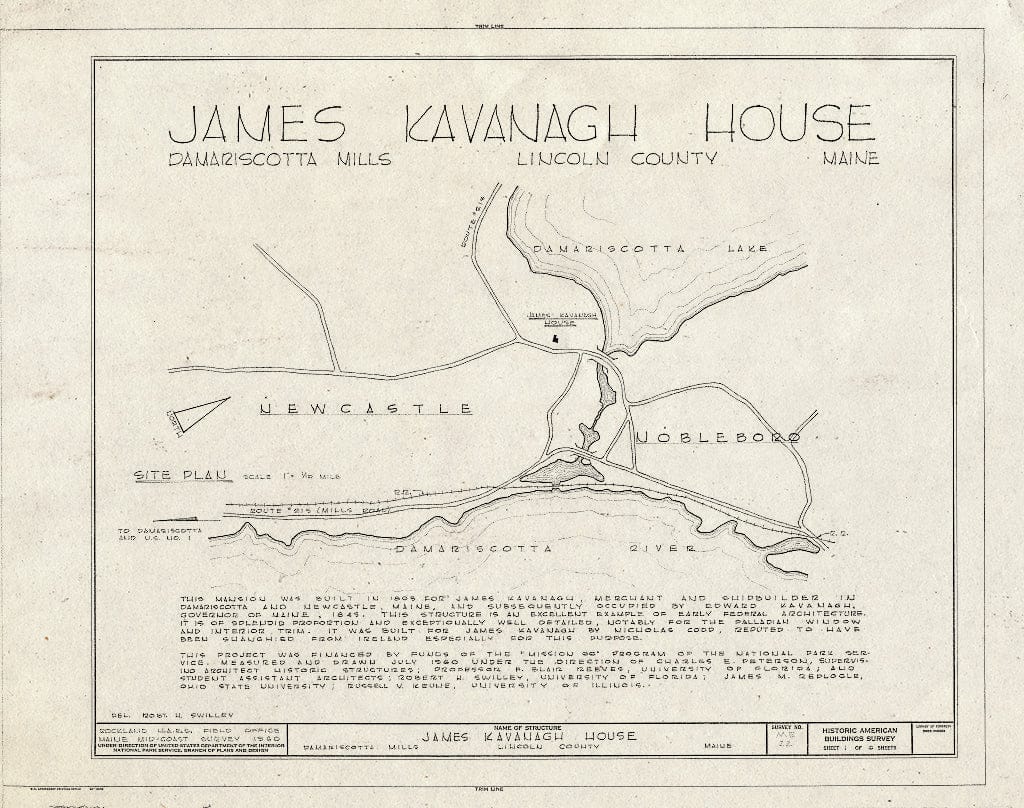 Blueprint HABS ME,8-DAMARM,1- (Sheet 1 of 6) - James Kavanaugh House, State Route 213, Damariscotta Mills, Lincoln County, ME