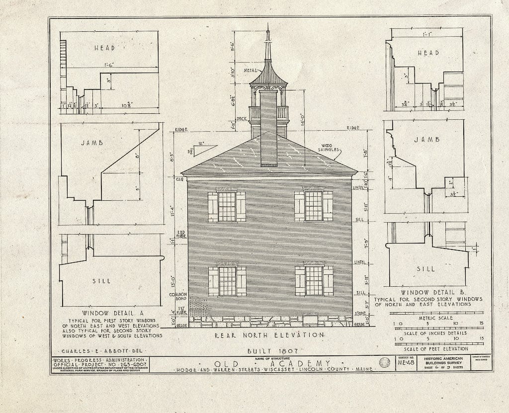 Blueprint HABS ME,8-WISC,4- (Sheet 6 of 9) - Old Academy, Warren & Hodge Streets, Wiscasset, Lincoln County, ME