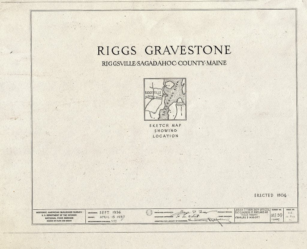 Blueprint HABS ME,12-ROB,7- (Sheet 0 of 1) - Riggs Gravestone, Riggs Family Cemetery,Riggs Cove, Robinhood, Sagadahoc County, ME