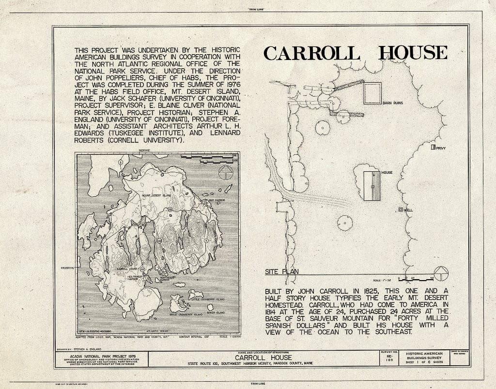 Blueprint HABS ME,5-SOWHA.V,1- (Sheet 1 of 6) - Carroll House, State Route 102, Mount Desert Island, Southwest Harbor, Hancock County, ME