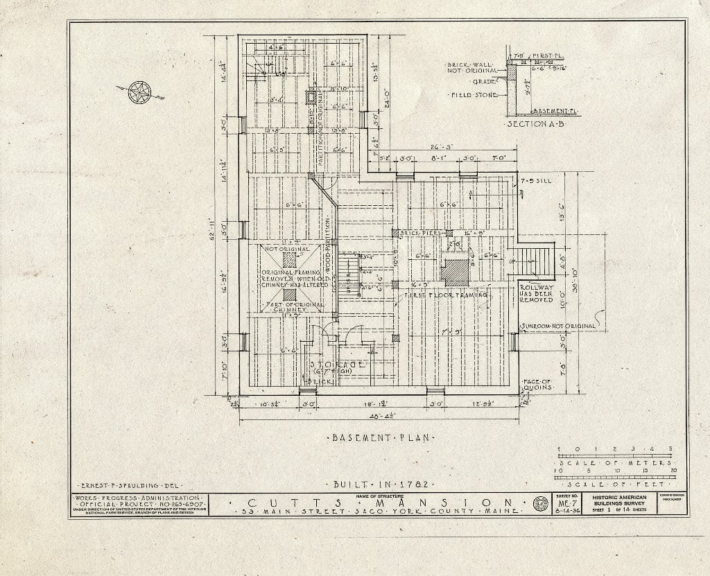 Blueprint HABS ME,16-SACO,2- (Sheet 1 of 14) - Cutts Mansion, 53 Main Street (Moved to York County, Saco, Glen Haven Circle), Saco, York County, ME