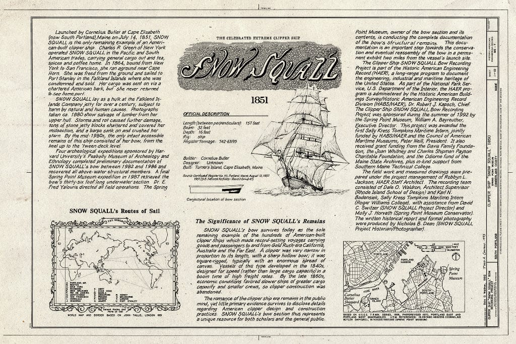 Blueprint HAER ME,3-Ports,2- (Sheet 1 of 10) - Clipper Ship Snow Squall Bow, Spring Point Museum, Southern Maine Technical College, South Portland, Cumberland County, ME