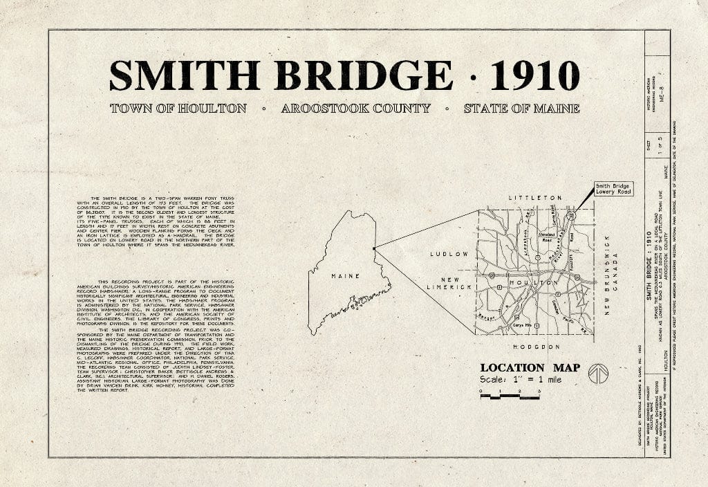 Blueprint HAER ME,2-HOUL,1- (Sheet 1 of 5) - Smith Bridge, Spanning Meduxnekeag River at Lowery Road, 0.3 Mile South of Littleton Town line, Houlton, Aroostook County, ME