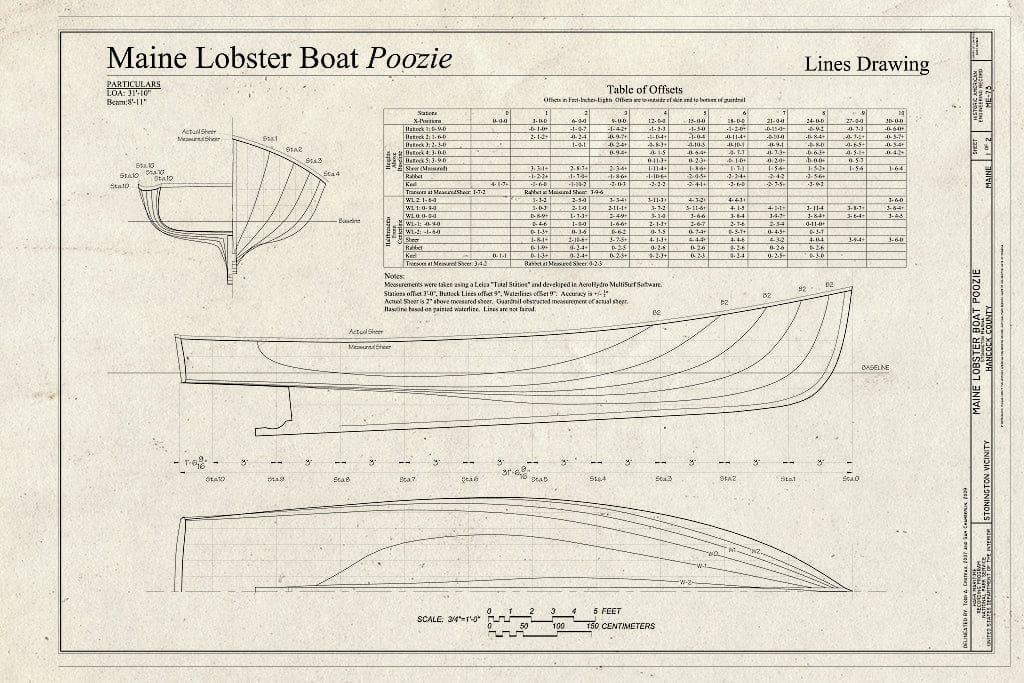 Blueprint Maine Lobster Boat Poozie Lines Drawing - Maine Lobster Boat Poozie, Stonington Marina, Stonington, Hancock County, ME