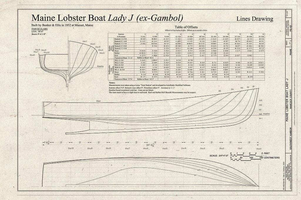 Blueprint Maine Lobster Boat Lady J Lines Drawing - Maine Lobster Boat Lady J, Southwest Harbor, Hancock County, ME