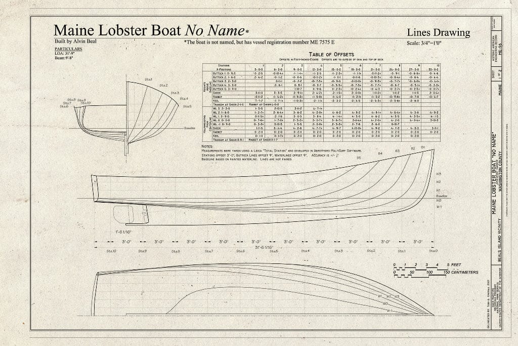 Blueprint Maine Lobster Boat (No Name) Lines Drawing - Maine Lobster Boat (NO Name), Jonesport Harbor, Beals Island, Washington County, ME