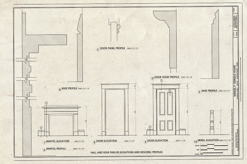 Blueprint Hall and Rear Parlor Elevations and Molding Profiles - Samuel P. Grindle House, 13 School Street, Castine, Hancock County, ME