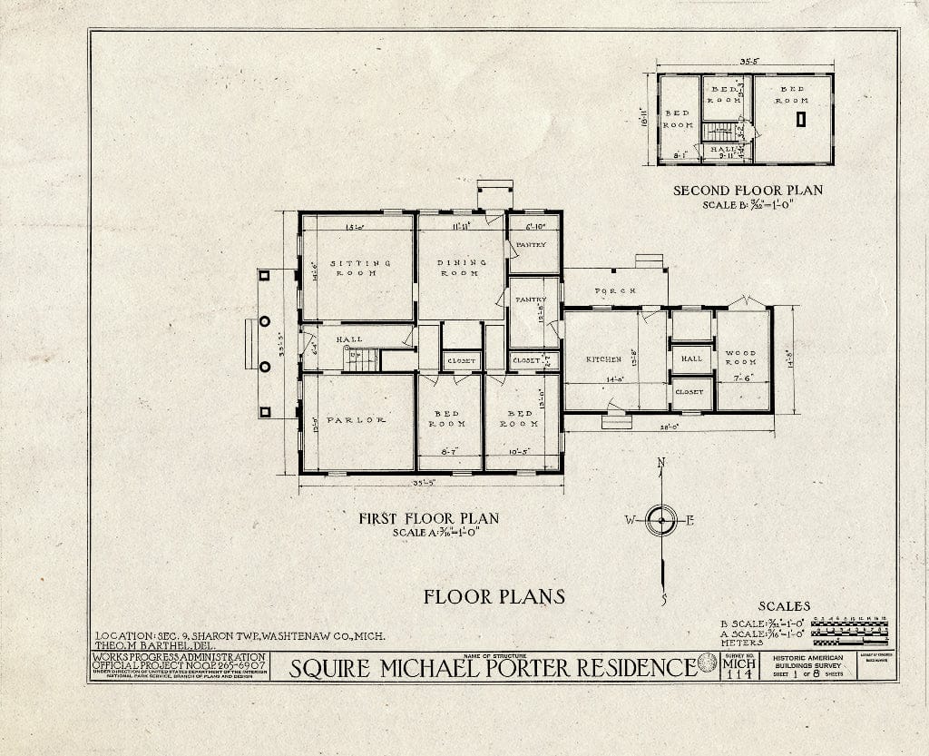 Blueprint HABS MICH,81-SHAR.V,1- (Sheet 1 of 8) - Squire Michael Porter House, Jacob & Kendall Roads, Sharon Hollow, Washtenaw County, MI