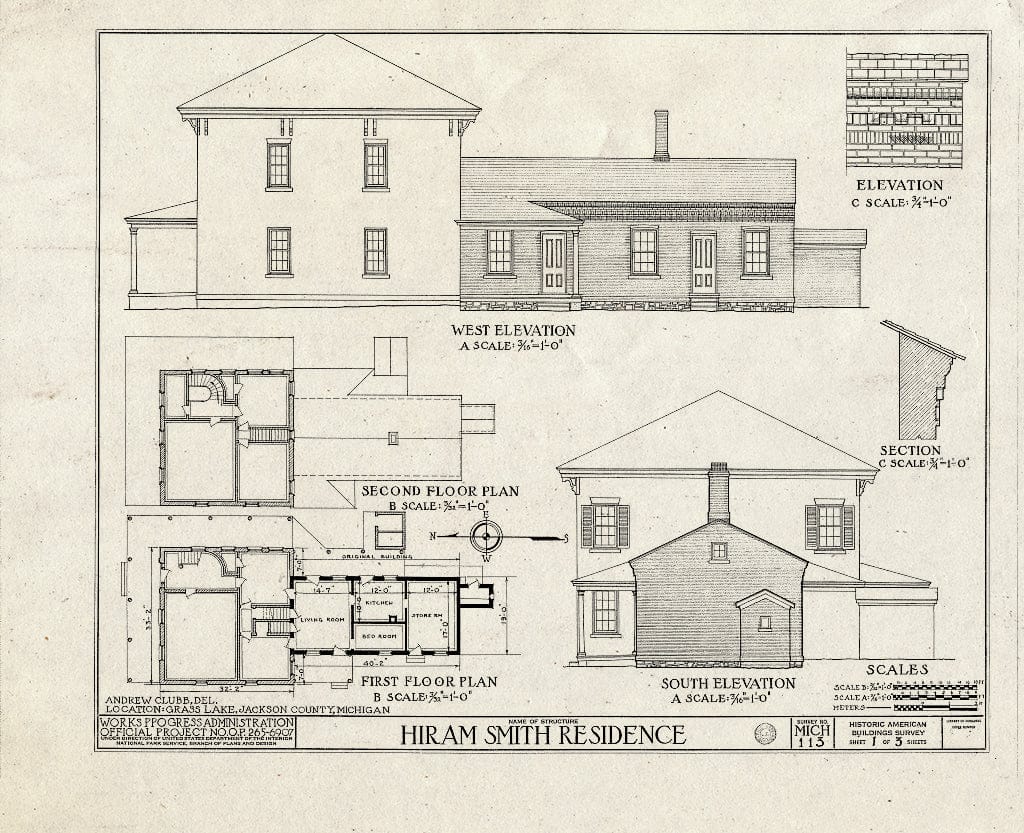 Blueprint HABS MICH,38-GRALA,1- (Sheet 1 of 3) - Hiram Smith House & Barn, Michigan & Wolf Lake Roads, Grass Lake, Jackson County, MI