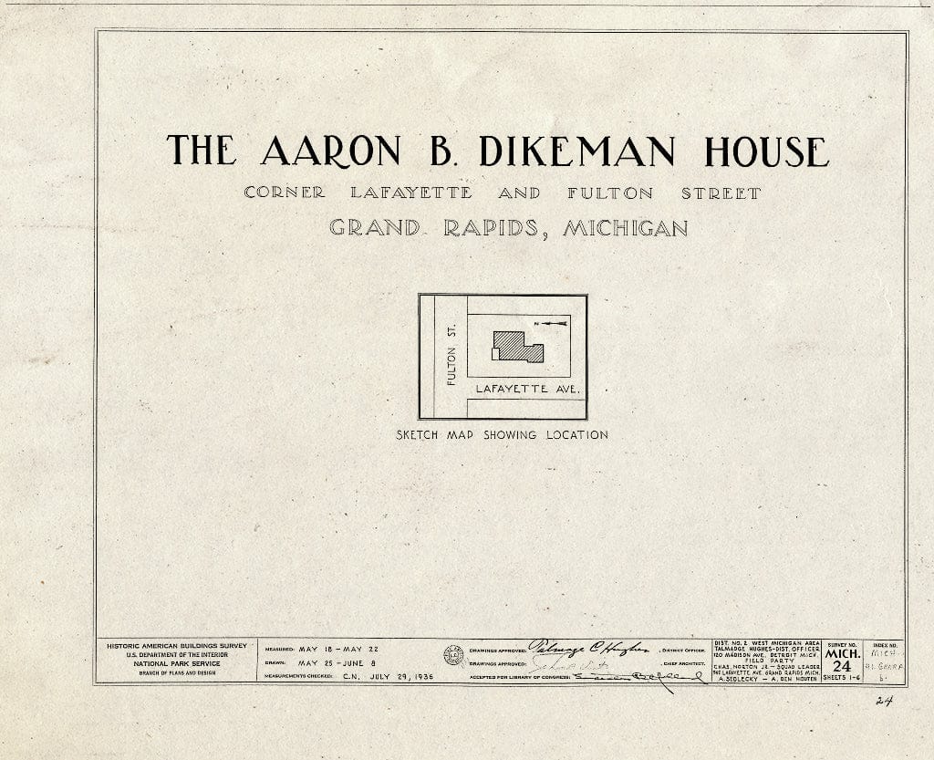 Blueprint HABS MICH,41-GRARA,6- (Sheet 0 of 6) - Aaron B. Dikeman House, 302 Fulton Street Southeast, Grand Rapids, MI