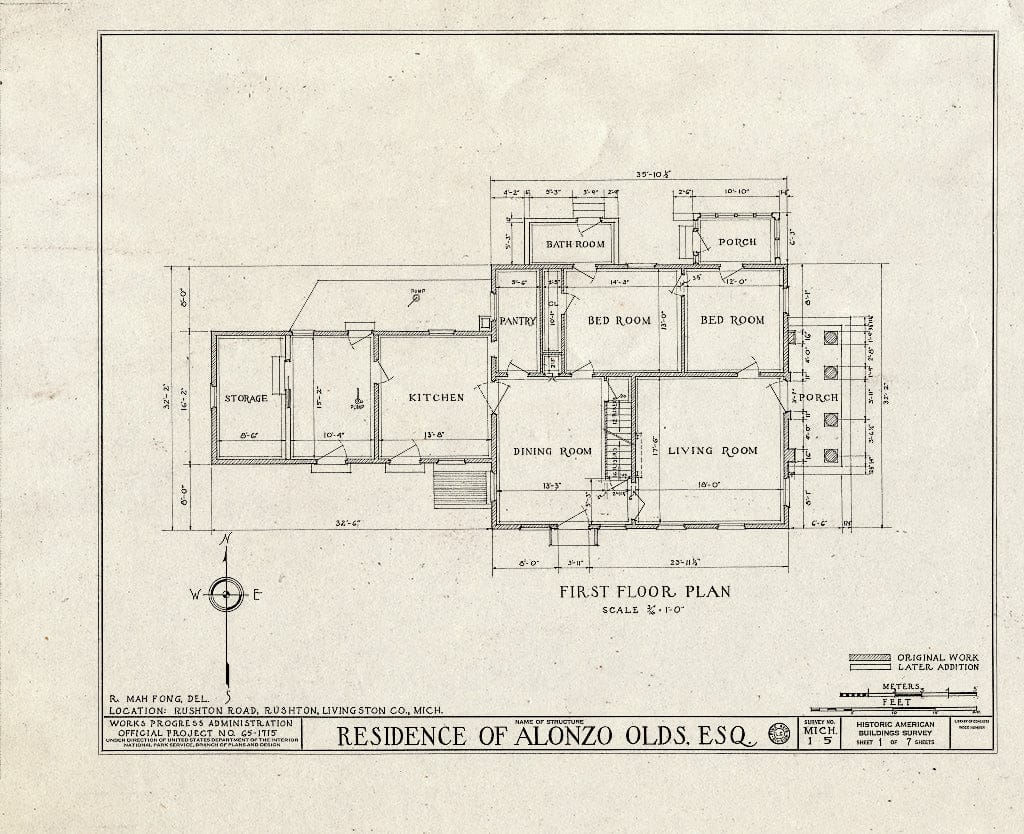 Blueprint HABS MICH,47-Rush,1- (Sheet 1 of 7) - Alonzo Olds House, 10084 Rushton Road, Rushton, Livingston County, MI