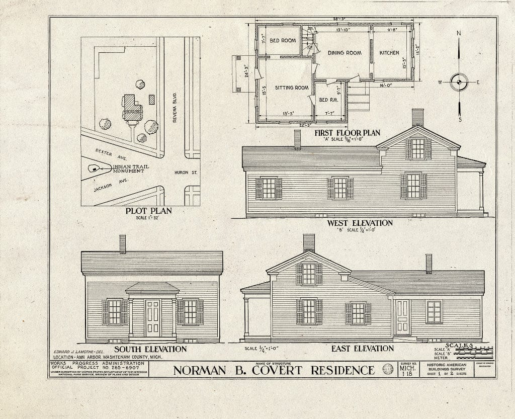 Blueprint HABS MICH,81-Anar,5- (Sheet 1 of 2) - Norman B. Covert House, 1500 Dexter Avenue, Ann Arbor, Washtenaw County, MI