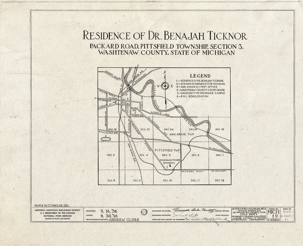 Blueprint HABS MICH,81-Anar.V,1- (Sheet 0 of 9) - Dr. Benajah Ticknor House, 2781 Packard Street, Ann Arbor, Washtenaw County, MI