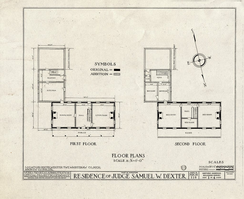 Blueprint HABS MICH,81-DEX,1- (Sheet 1 of 4) - Judge Samuel W. Dexter House, West Huron Street, Dexter, Washtenaw County, MI