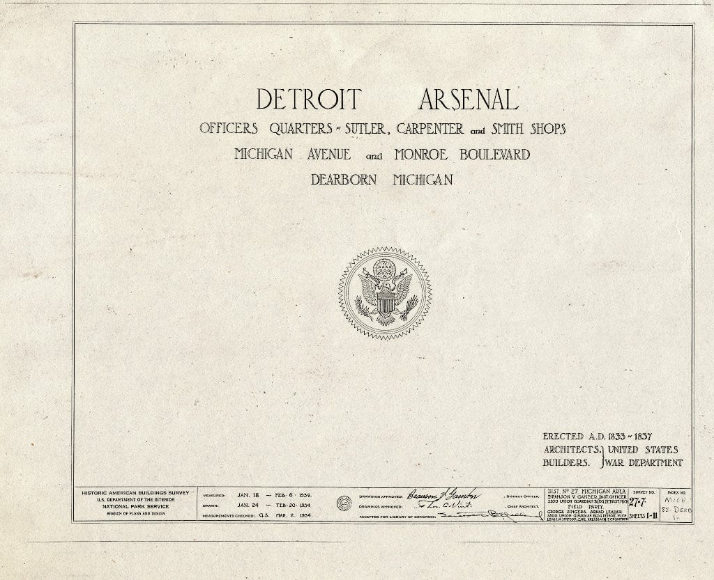 Blueprint HABS MICH,82-DERB,1- (Sheet 0 of 11) - Detroit Arsenal, Michigan Avenue & Monroe Boulevard, Dearborn, MI